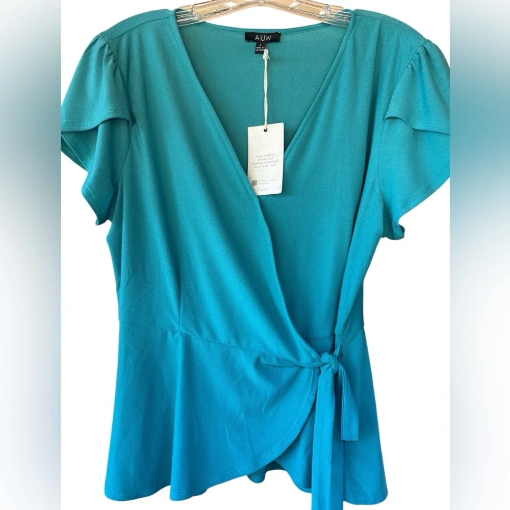 AUW Teal Wrap-Style Short Sleeve Blouse - Picture 3 of 5